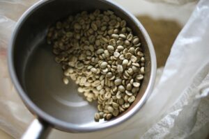 A close-up image of raw coffee beans in a metallic bowl, with a natural background.