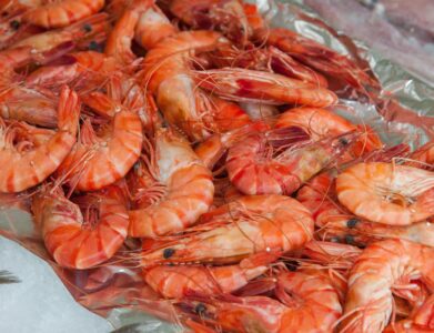 A vibrant close-up of fresh raw prawns on ice, ready for seafood enthusiasts.