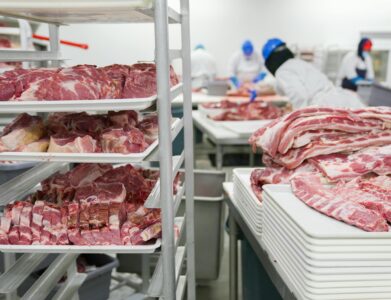 A meat processing facility with workers handling meat cuts on trays, demonstrating industrial food production.