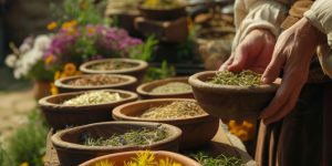 Highlight the tradition of herbal medicine. hands carefully selecting and blending herbs and plants.
