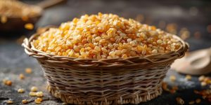 A basket filled with golden grains, showcasing natural food ingredients.