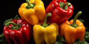 fresh bell peppers on a wooden table on a black background, AI Generated