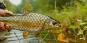 Close-up of a person holding a shimmering fish above water with lush greenery in the background