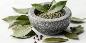 Green bay leaves resting in a stone bowl surrounded by bay leaves