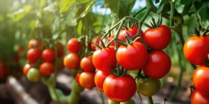 Fresh organic ripe tomatoes branch growing in greenhouse, digital ai.
