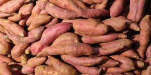 Fresh sweet potatoes background in supermarket. Top view.