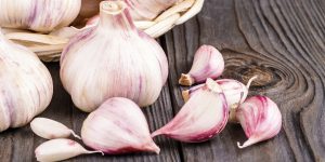 The Garlic cloves and garlic bulb on a old wooden table