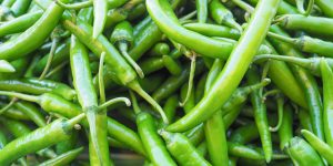 Pile of fresh green chilies pepper for sale in the market.  Concept of foods for healthy