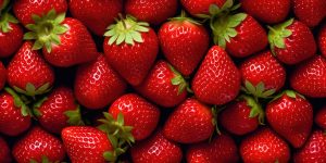 Realistic photo of a bunch of strawberries. top view fruit scenery