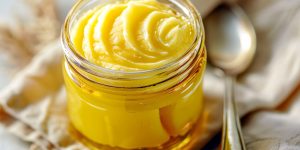 Top view, jar of ghee on a linen napkin with a spoon, light background. AI generated.